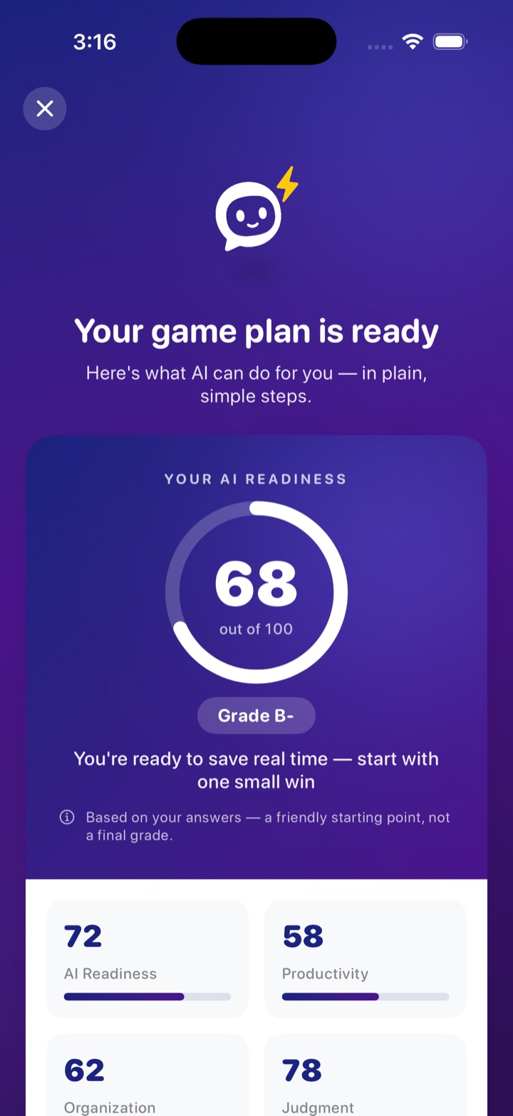Your AI game plan — a 68 out of 100 score with a grade