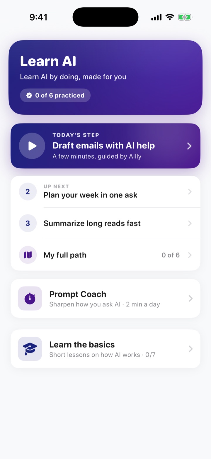The Learn tab: today's step, your path, and Prompt Coach