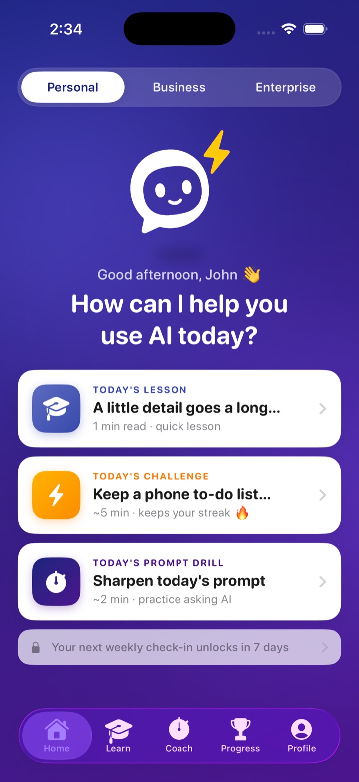 The Ailly home screen: a friendly daily feed with today's lesson, challenge, and prompt drill