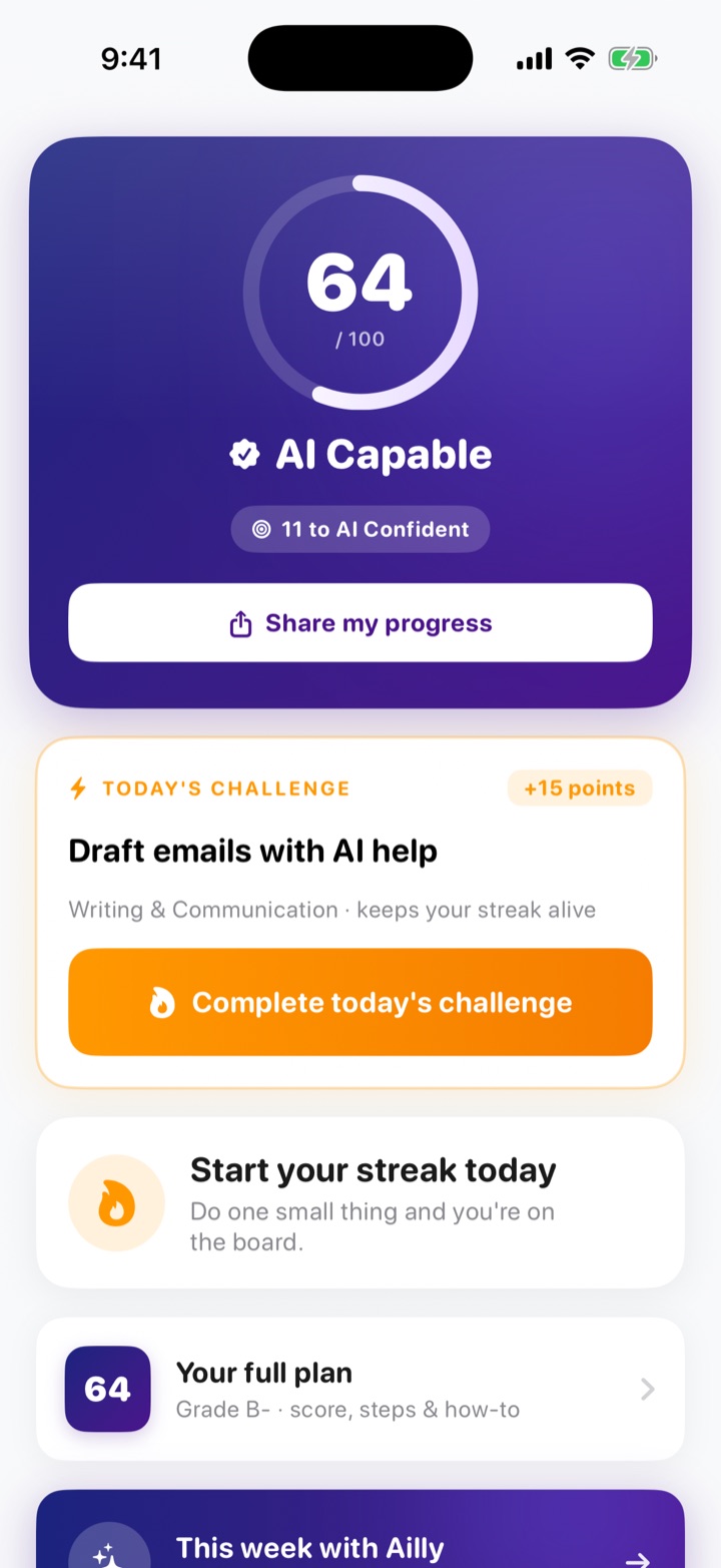 The Progress tab: a 64 out of 100 score, AI Capable level, and today's challenge